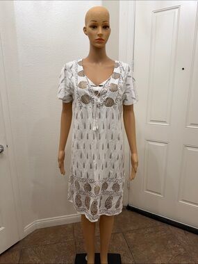 Lapogee Large Bohemian White Tunic Midi Dress Tassel Lace Up Neck Gold Paisley
